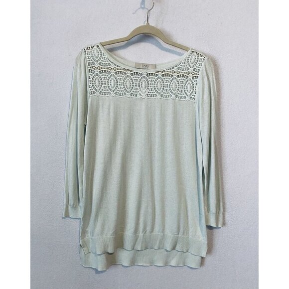 LOFT Sweater Womens Medium Crochet Trim Lightweight Hi Low Hem Green Cottagecore - Picture 1 of 7